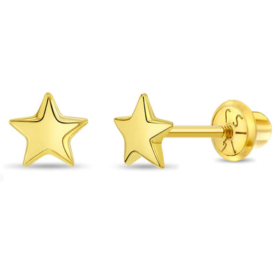 14k Gold Puffed Star Toddler / Kids / Girls Earrings Safety Screw Back