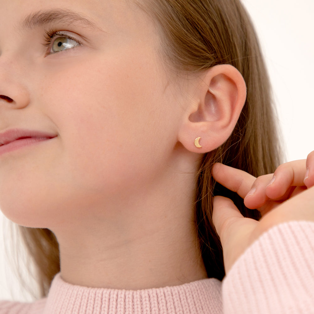 14k Gold Crescent Moon Toddler / Kids / Girls Earrings Safety Screw Back