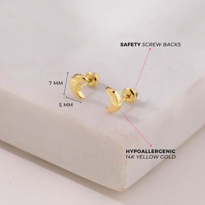 14k Gold Crescent Moon Toddler / Kids / Girls Earrings Safety Screw Back