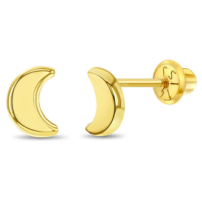14k Gold Crescent Moon Toddler / Kids / Girls Earrings Safety Screw Back