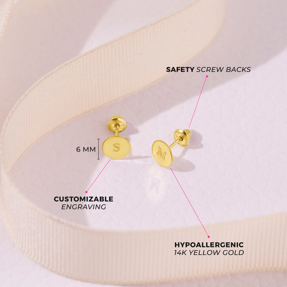 14k Gold Round Engravable Toddler / Kids / Girls Earrings Safety Screw Back