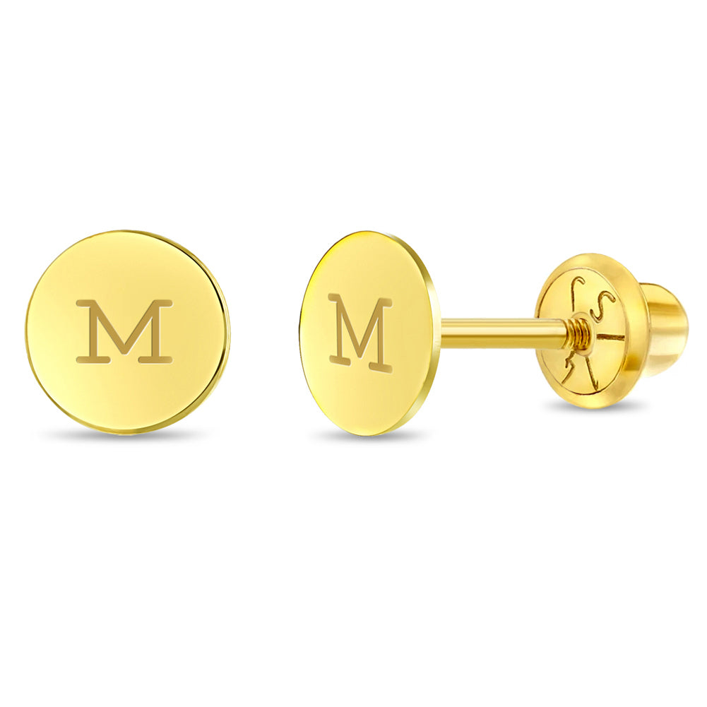 14k Gold Round Engravable Toddler / Kids / Girls Earrings Safety Screw Back