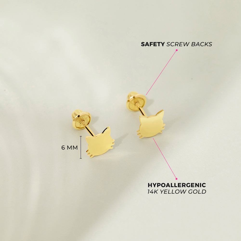 14k Gold Polished Kitty Kids / Children's / Girls Earrings Safety Screw Back
