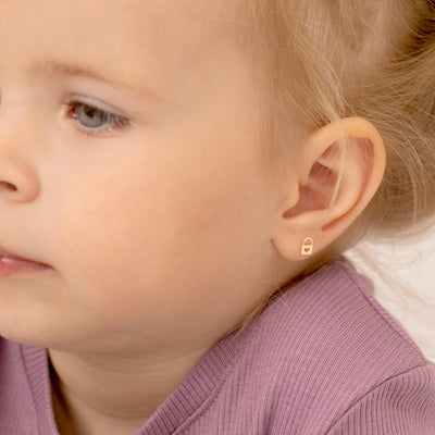 14k Gold Heart Lock Kids / Children's / Girls Safety Screw Back Earrings