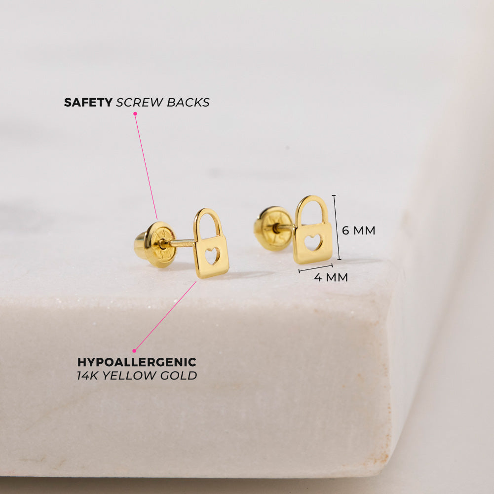 14k Gold Heart Lock Kids / Children's / Girls Safety Screw Back Earrings