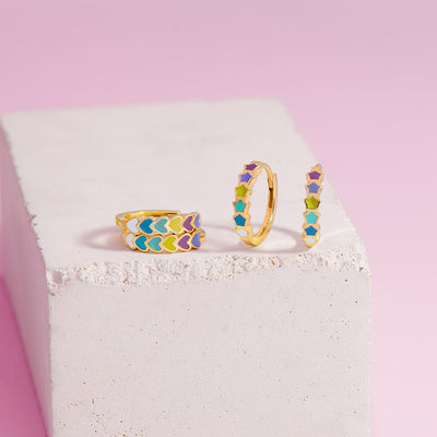 18k Gold Heart Cascade Kids / Children's / Girls Earrings Hoop Enamel