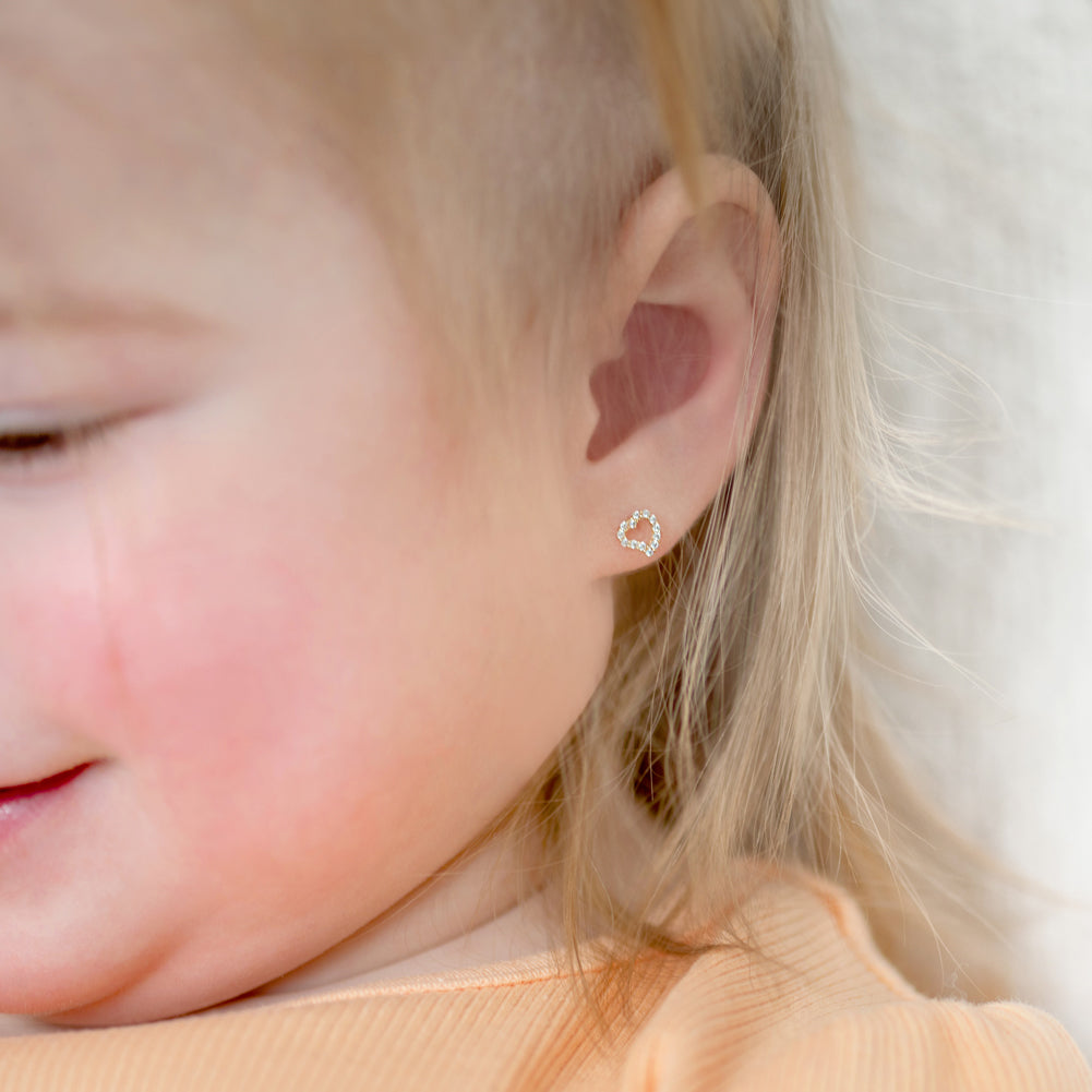 14k Gold CZ Encrusted Heart Clear Baby / Toddler / Kids Earrings Safety Screw Back