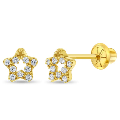14k Gold CZ Encrusted Star Clear Baby / Toddler / Kids Earrings Safety Screw Back