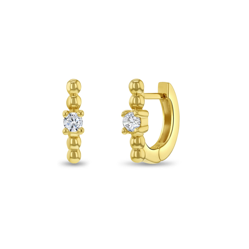 14k Gold Beaded Hoop Clear CZ Women's Earrings