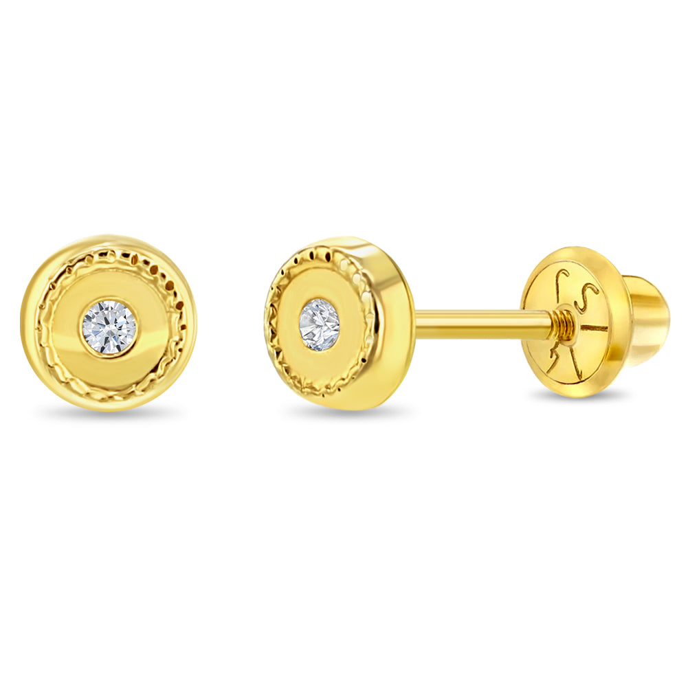 14k Gold Round Bezel Set Clear CZ Baby / Toddler / Kids Earrings Safety Screw Back