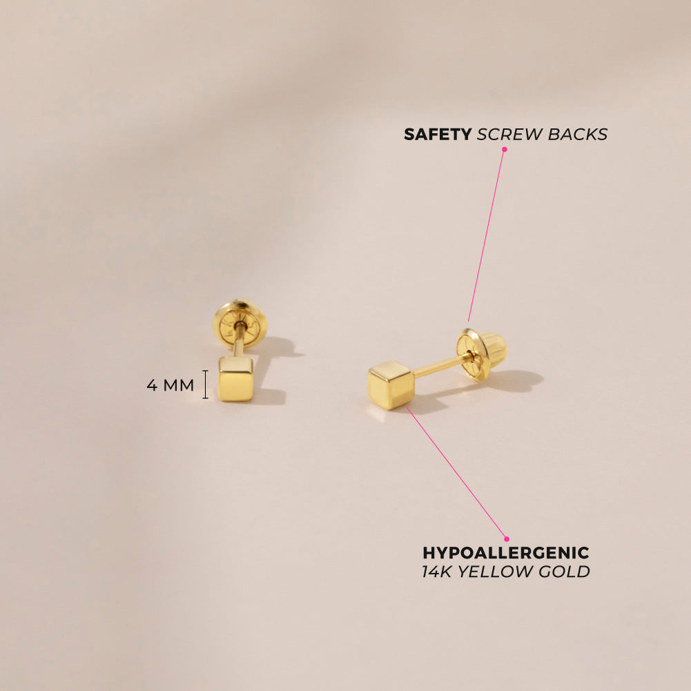 14k Gold Tiny Cubed Baby / Toddler / Kids Earrings Safety Screw Back