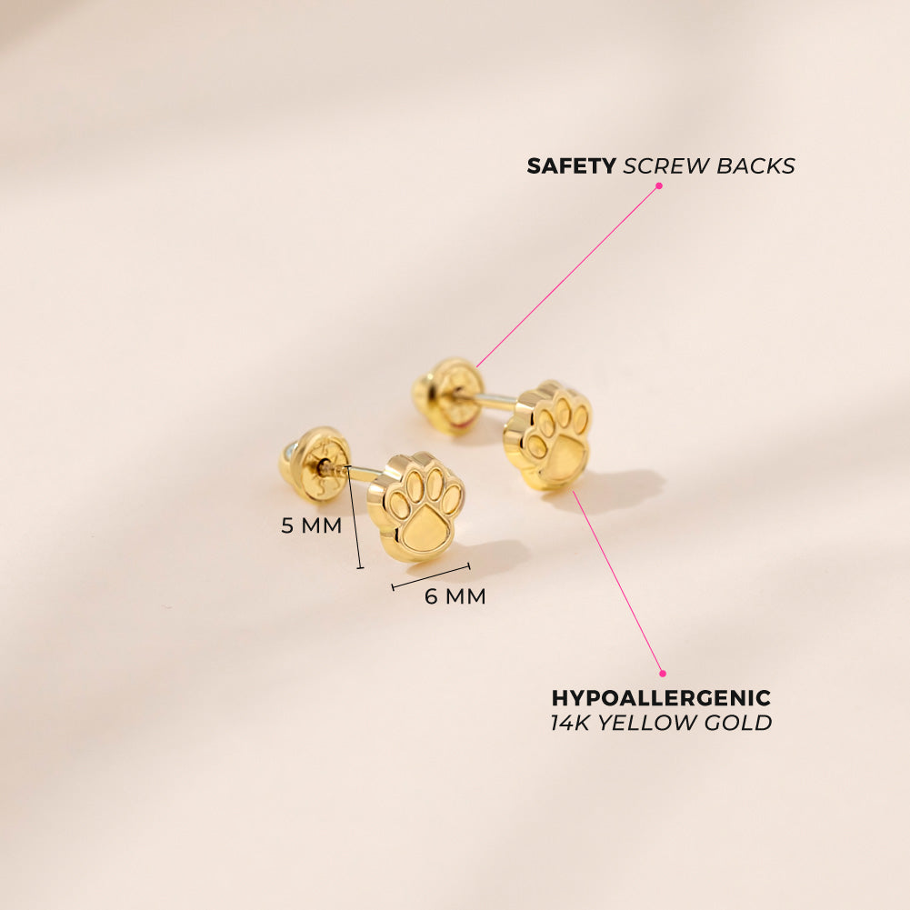 14k Gold Dog Paw Baby / Toddler / Kids Earrings Safety Screw Back