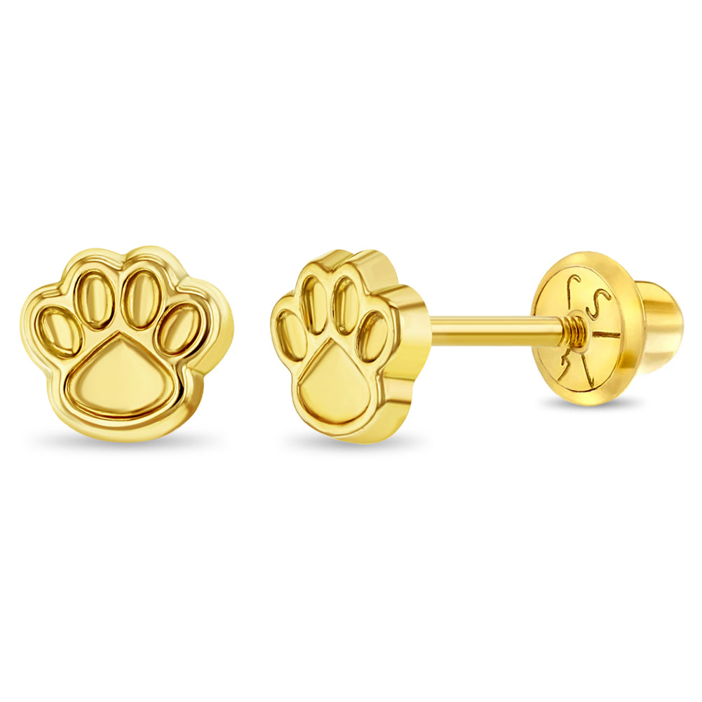 14k Gold Dog Paw Baby / Toddler / Kids Earrings Safety Screw Back