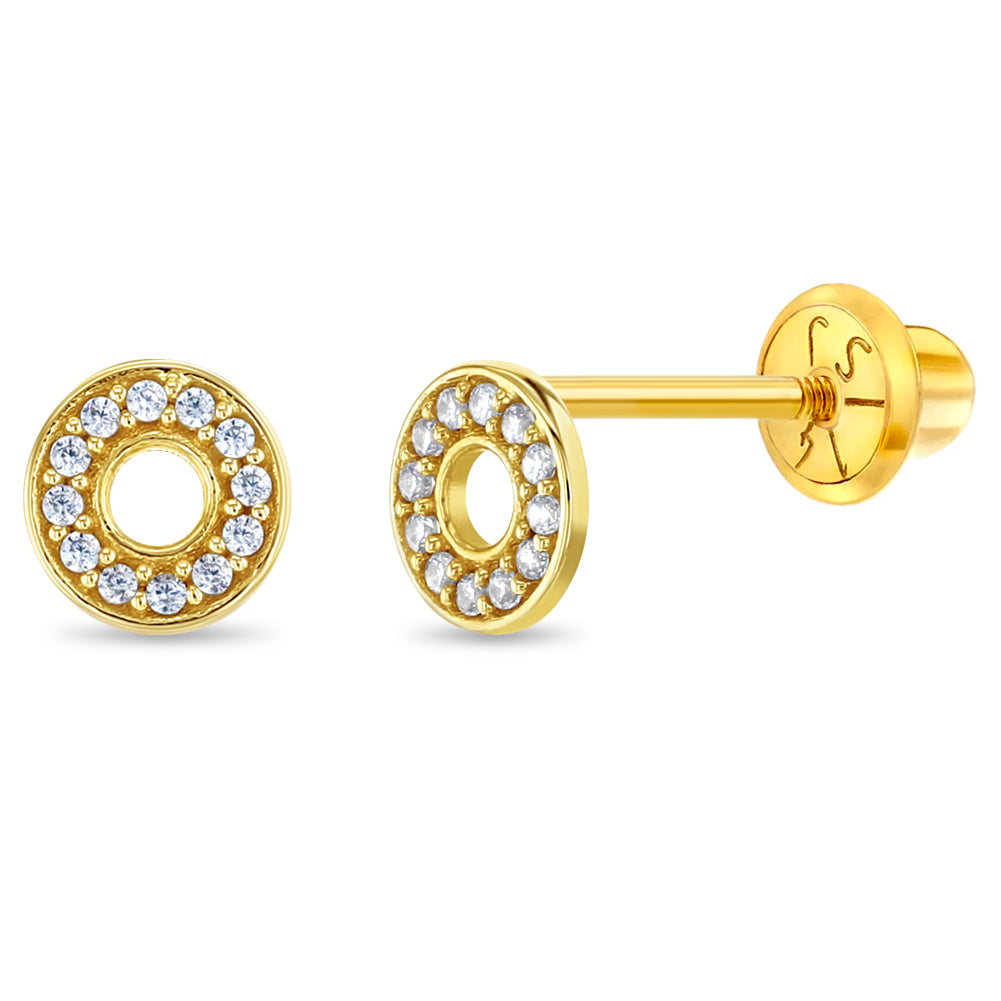 14k Gold Round Clear CZ Encrusted Baby / Toddler / Kids Earrings Safety Screw Back