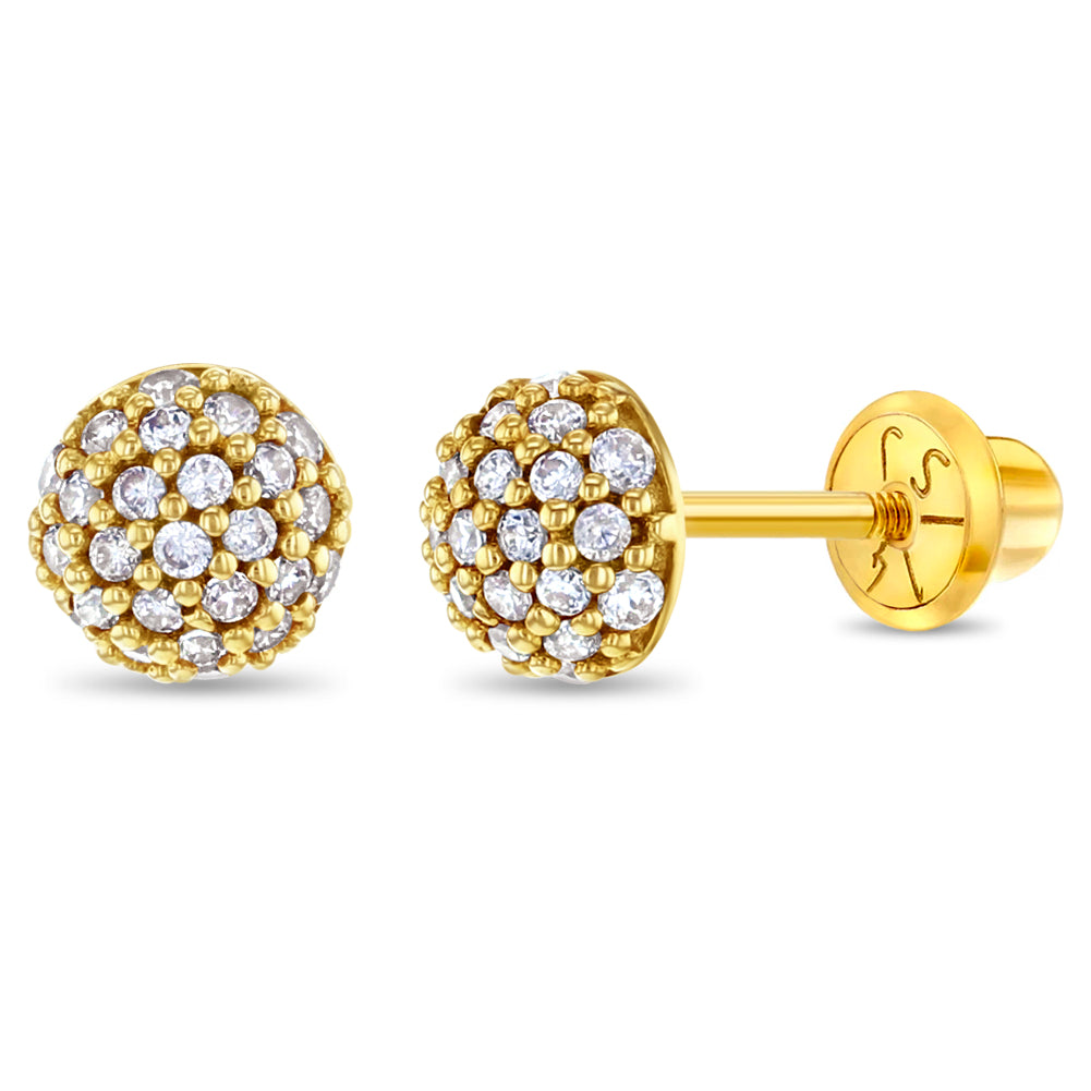 14k Gold Ball of Cubic Zirconias Toddler / Kids Earrings Safety Screw Back