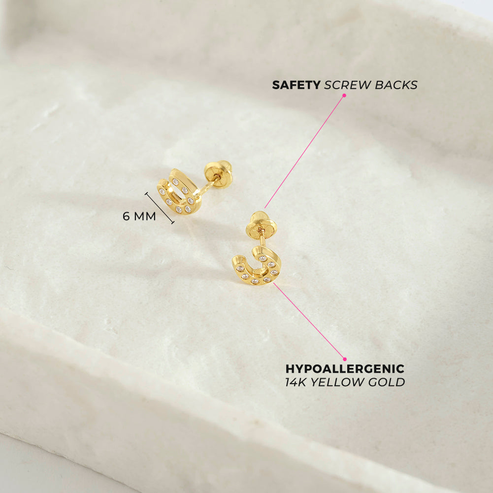 14k Gold Horseshoe Clear CZ Kids / Children's / Girls Earrings Safety Screw Back