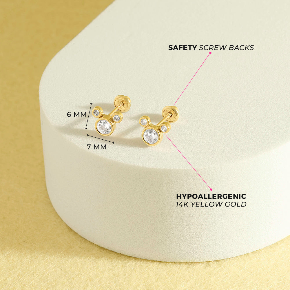 14k Gold Petite Mouse Clear CZ Kids / Children's / Girls Earrings Safety Screw Back