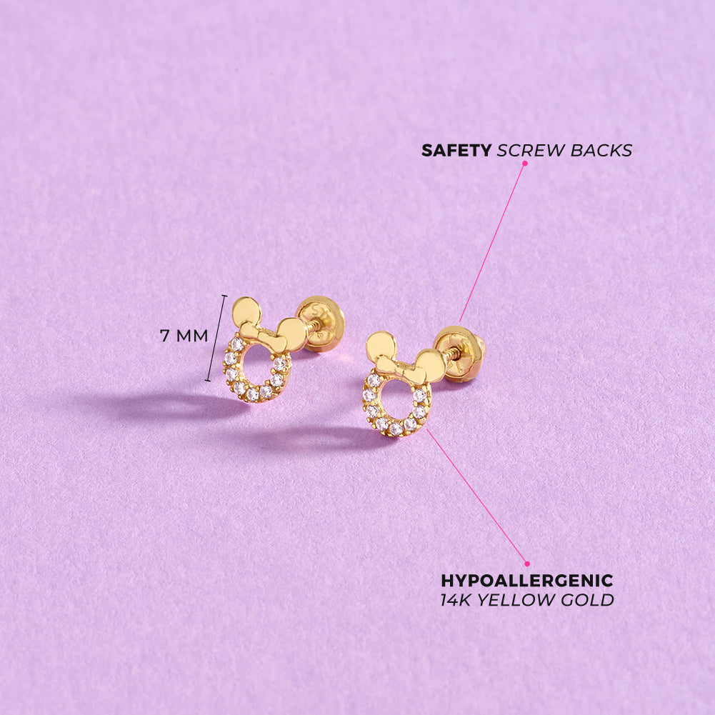 14k Gold CZ Encrusted Mouse Kids / Children's / Girls Earrings Safety Screw Back