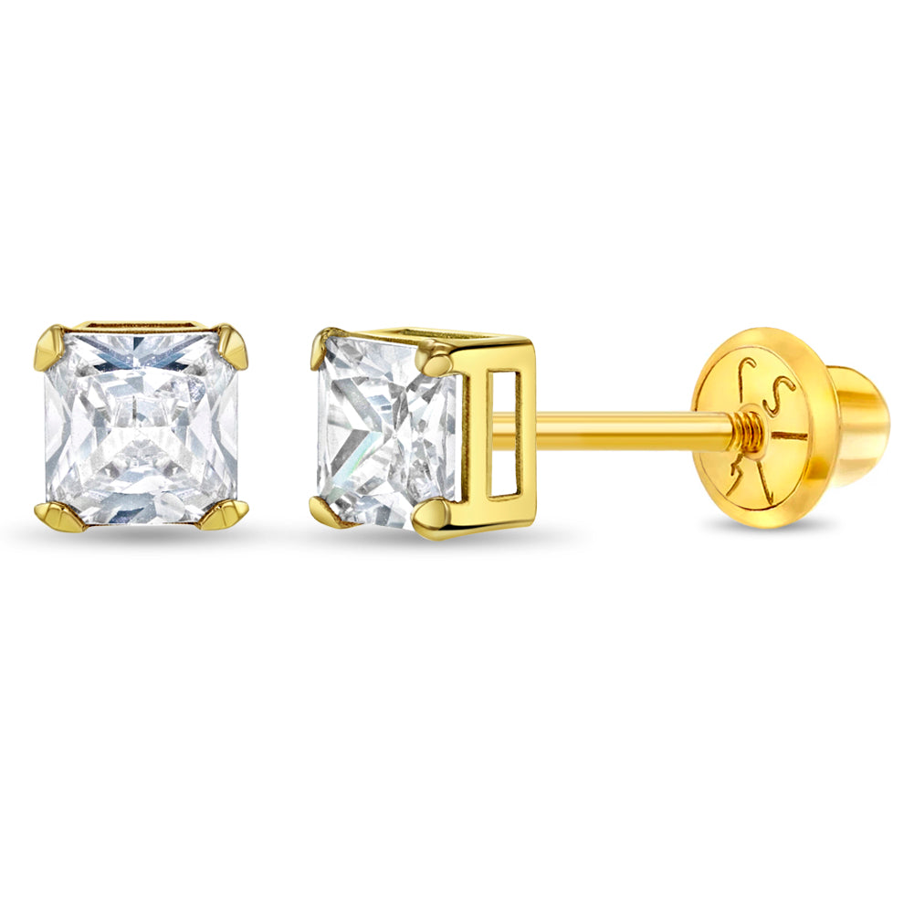 14k Gold Square Prong Set Kids / Children's / Girls Earrings Safety Screw Back