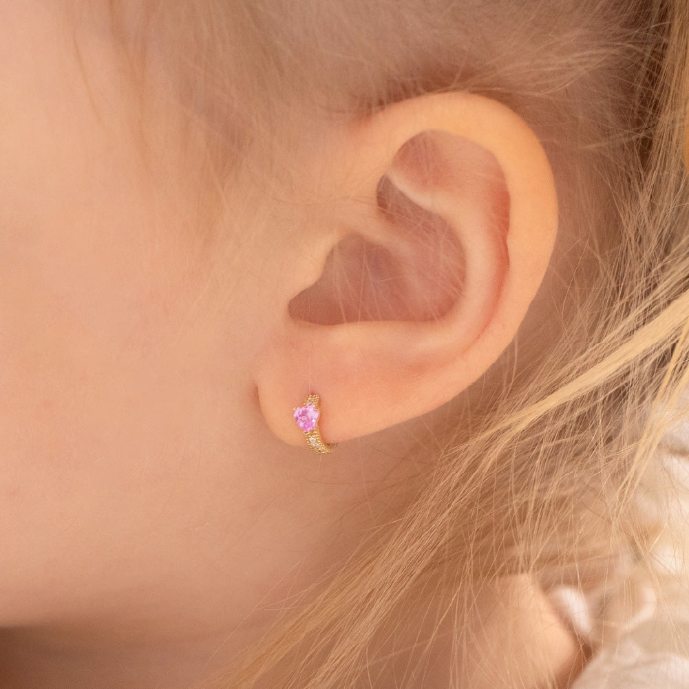 14k Gold Pink Cubic Zirconia Heart Kids / Children's / Girls Hoop Earrings