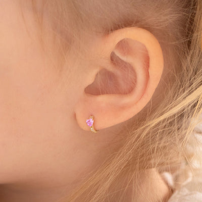14k Gold Pink Cubic Zirconia Heart Kids / Children's / Girls Hoop Earrings
