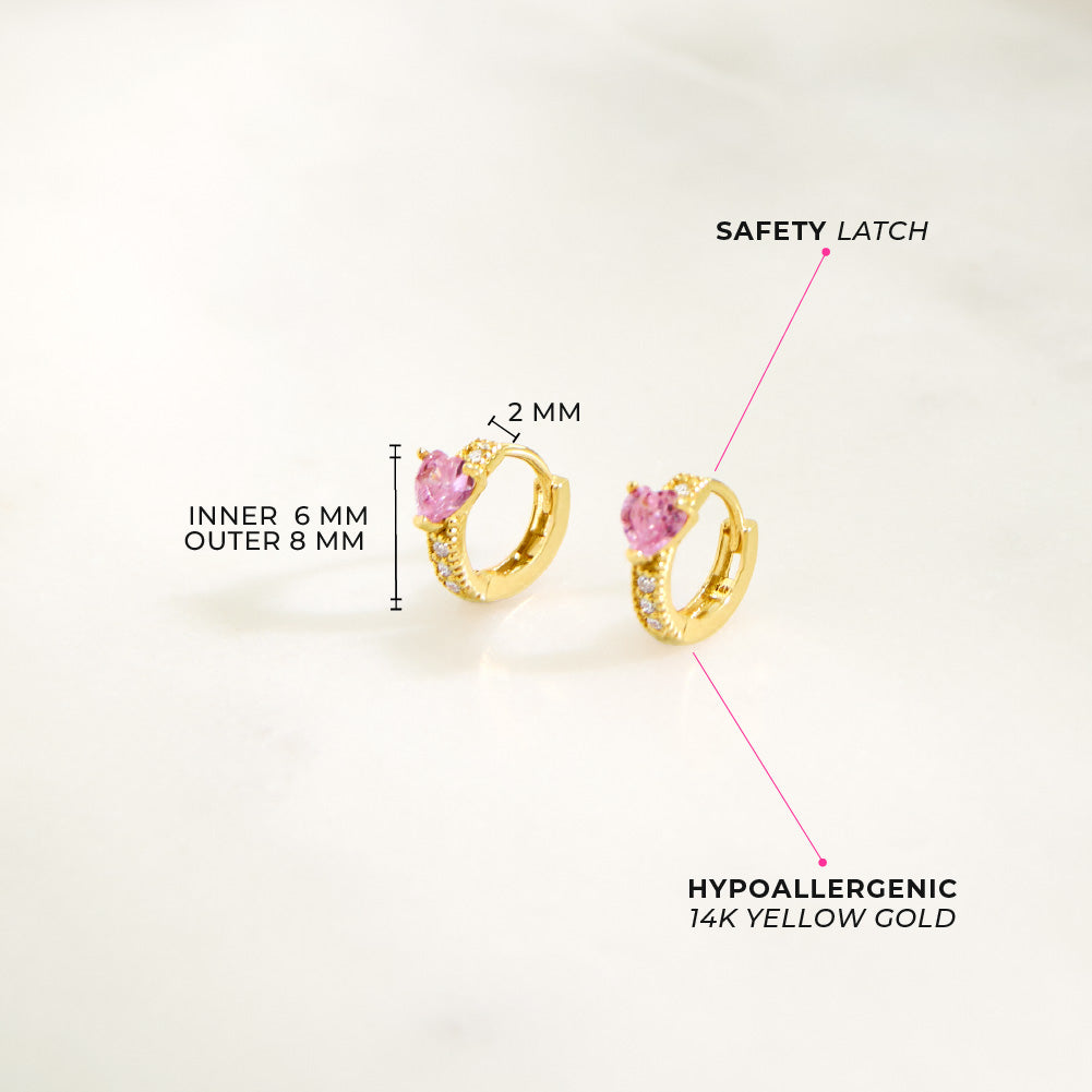 14k Gold Pink Cubic Zirconia Heart Kids / Children's / Girls Hoop Earrings