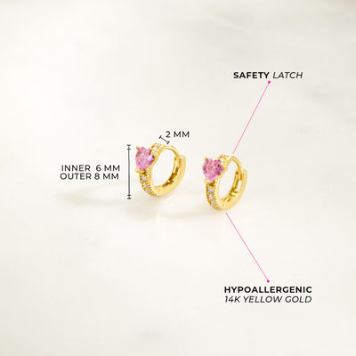 14k Gold Pink Cubic Zirconia Heart Kids / Children's / Girls Hoop Earrings