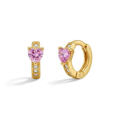 14k Gold Pink Cubic Zirconia Heart Kids / Children's / Girls Hoop Earrings