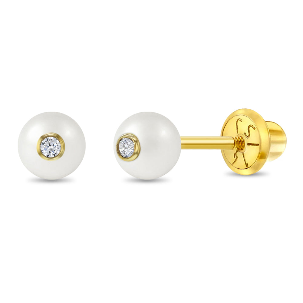14k Gold Simulated Pearl Clear CZ Baby / Toddler / Kids Earrings Safety Screw Back