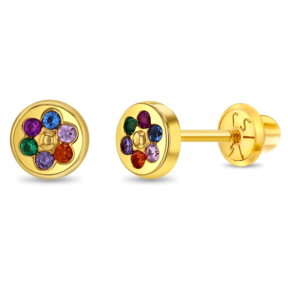 14k Gold Round Multicolored Flower Toddler / Kids / Girls Earrings Safety Screw Back