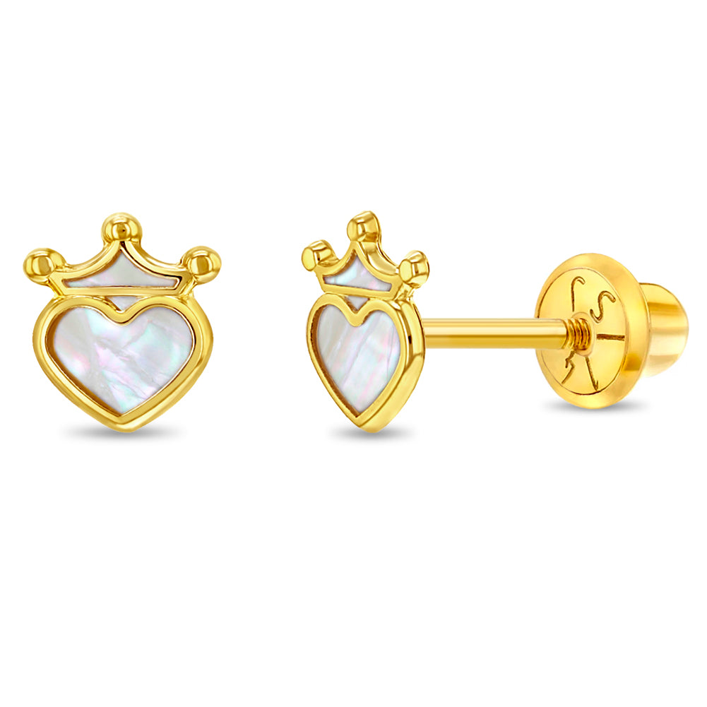 14k Gold Mother Of Pearl Princess Heart Baby / Toddler / Kids Earrings Safety Screw Back