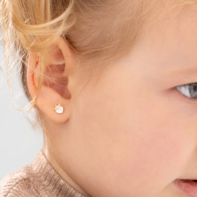 14k Gold Mother Of Pearl Princess Heart Baby / Toddler / Kids Earrings Safety Screw Back