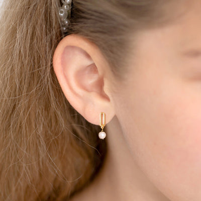 14k Gold Dangle Paperclip Freshwater Cultured Pearl Kids / Children's / Girls Earrings