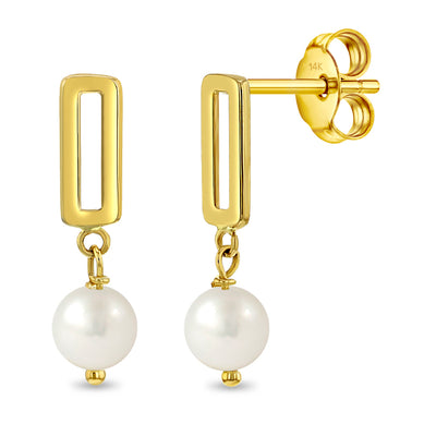 14k Gold Dangle Paperclip Freshwater Cultured Pearl Kids / Children's / Girls Earrings