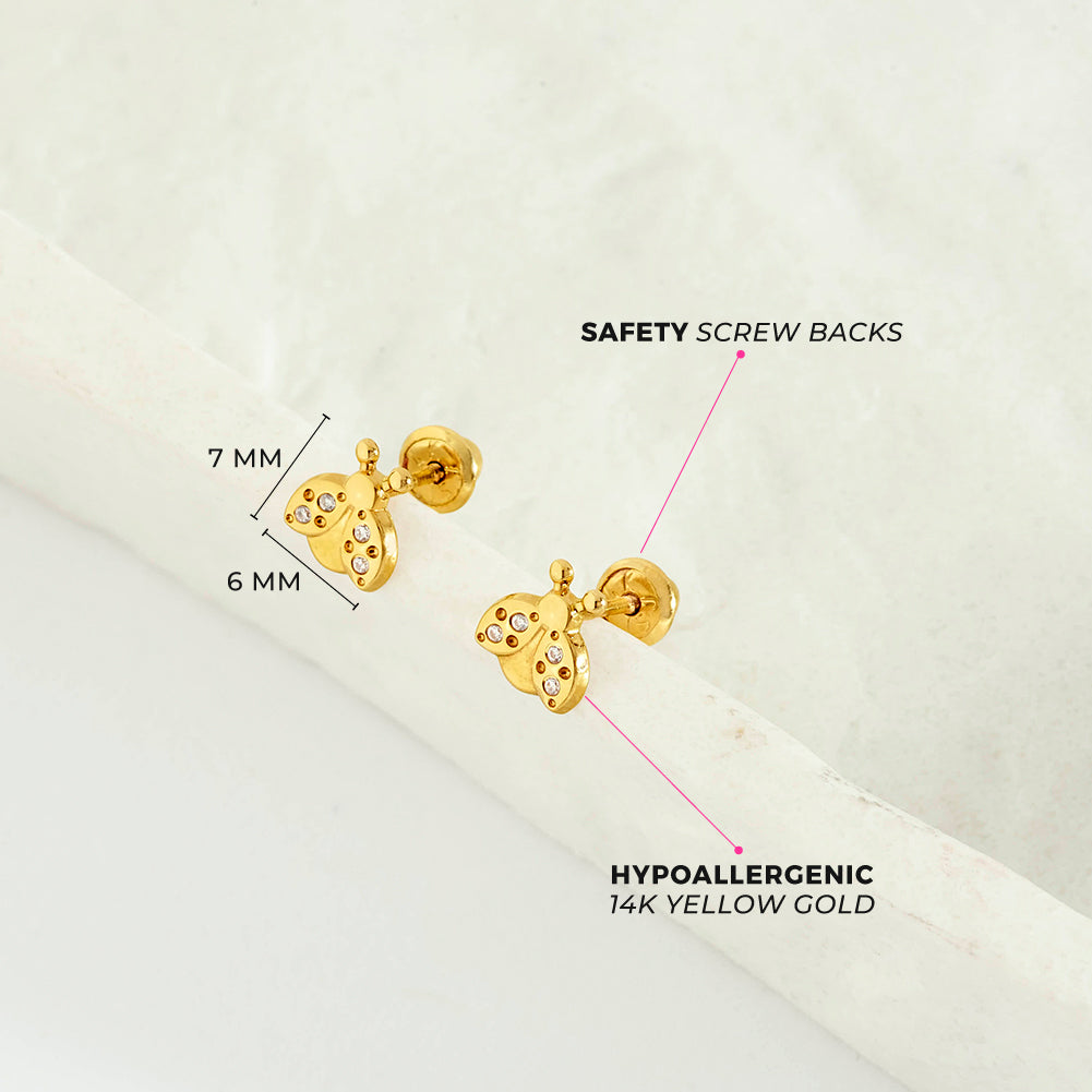 14k Gold Ladybug Clear CZ Kids / Children's / Girls Earrings Safety Screw Back