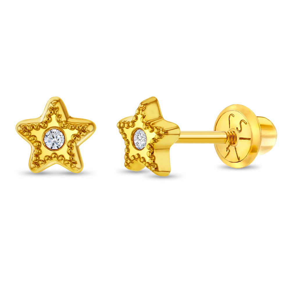 14k Gold Bezel Star Clear CZ Baby / Toddler / Kids Earrings Safety Screw Back