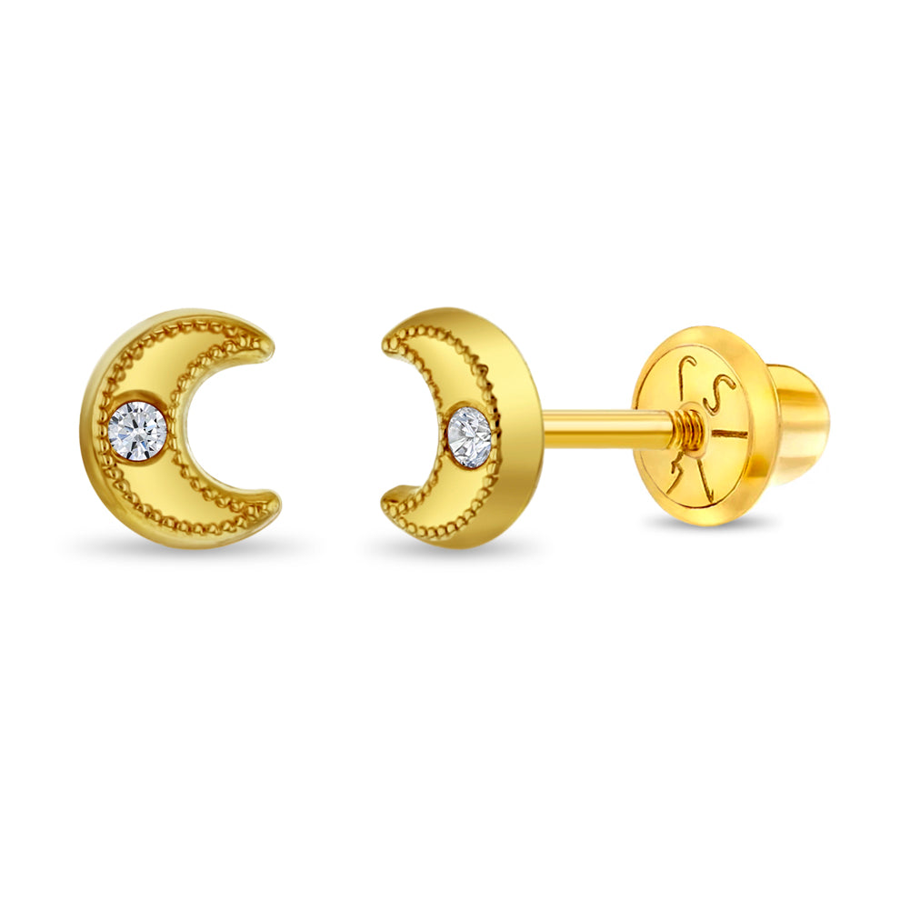 14k Gold Bezel Moon Clear CZ Baby / Toddler / Kids Earrings Safety Screw Back