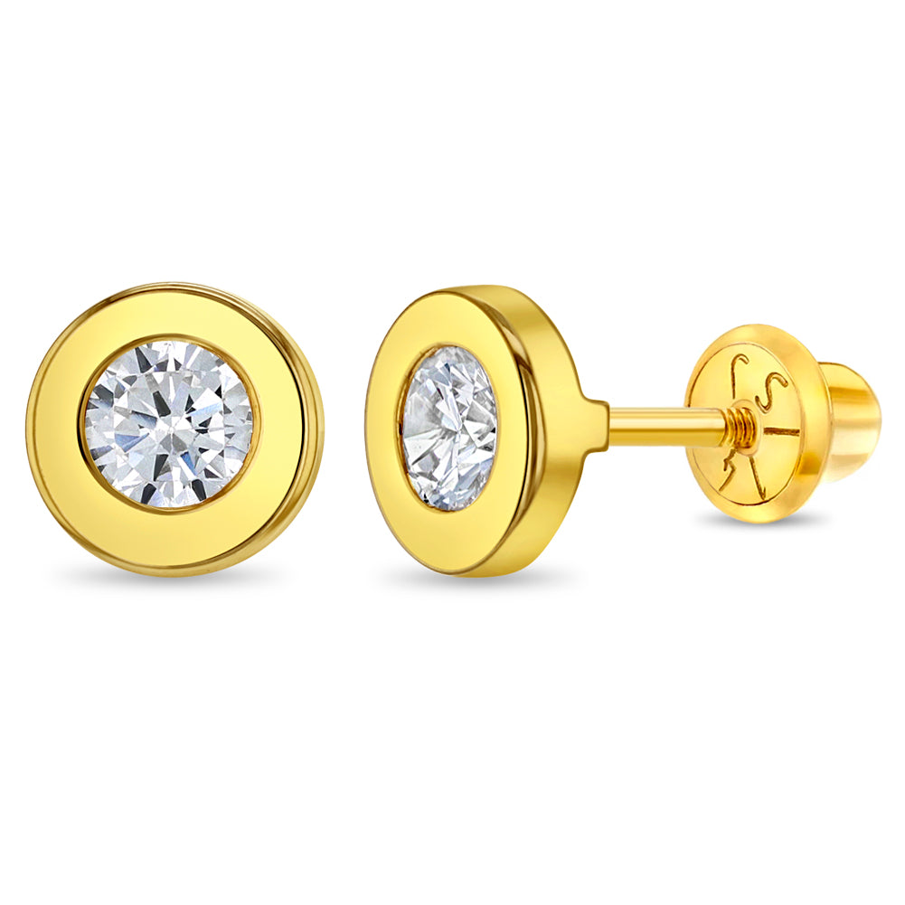14k Gold Round Bezel 4mm Kids / Children's / Girls Earrings Safety Screw Back