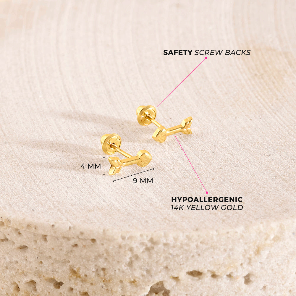 14k Gold Love Heart Arrows Kids / Children's / Girls Earrings Safety Screw Back