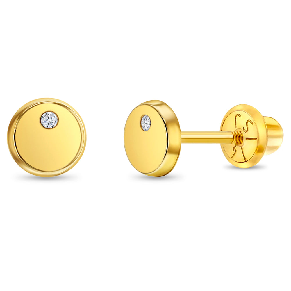 14k Gold Round Coin Clear CZ Kids / Children's / Girls Earrings Safety Screw Back