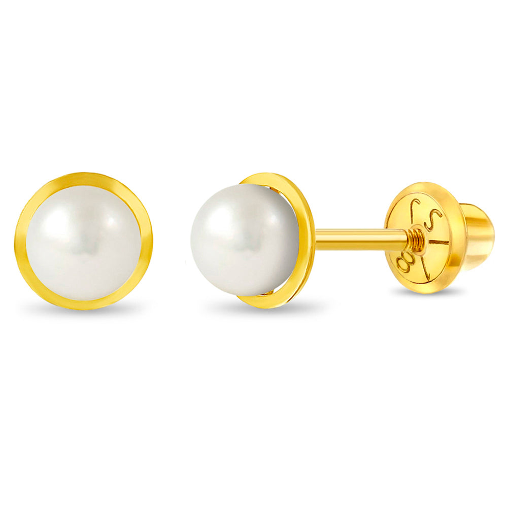 18k Gold Formal Freshwater Pearl 6mm Kids / Children's / Girls Earrings Safety Screw Back