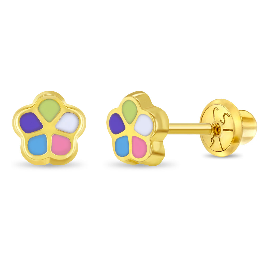 14k Gold Multicolored Petal Flower Kids / Children's / Girls Earrings Safety Screw Back