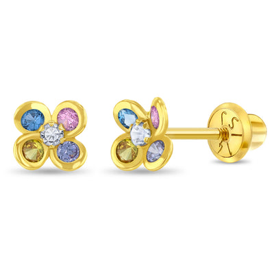 14k Gold Sparkling Flower Kids / Children's / Girls Earrings Safety Screw Back