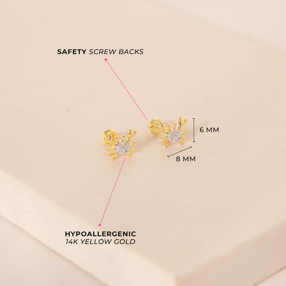 14k Gold Curious Crab Kids / Children's / Girls Earrings Safety Screw Back