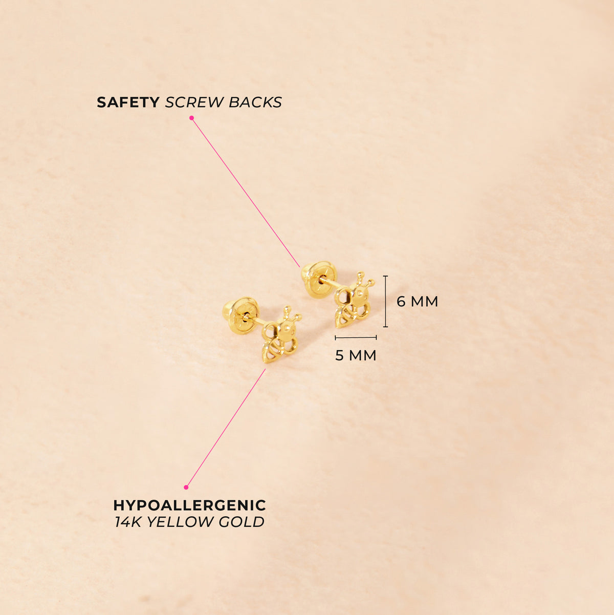 14k Gold Sweet Bee Baby / Toddler / Kids Earrings Safety Screw Back