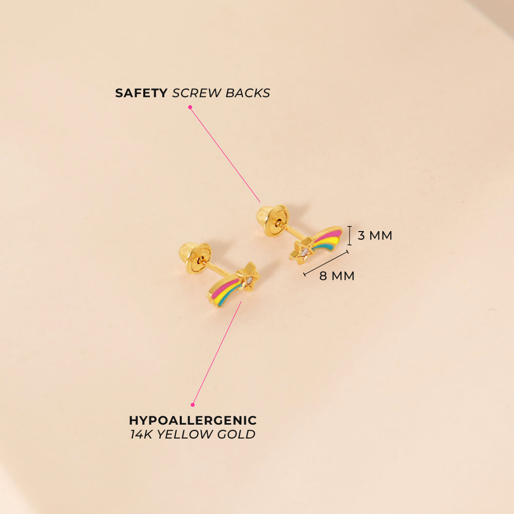 14k Gold Shooting Star Toddler / Kids / Girls Earrings Safety Screw Back Enamel