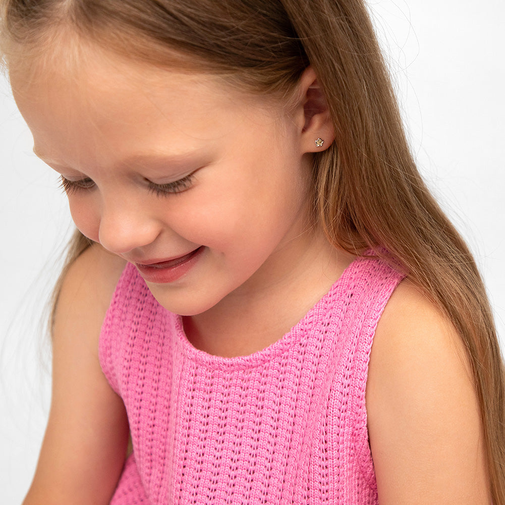 14k Gold Diamond Cut Flower Toddler / Kids / Girls Earrings Safety Screw Back