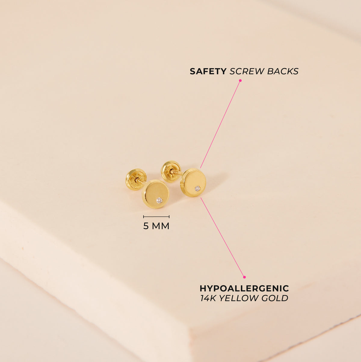 14k Gold Delicate CZ Clear Kids / Children's / Girls Earrings Safety Screw Back