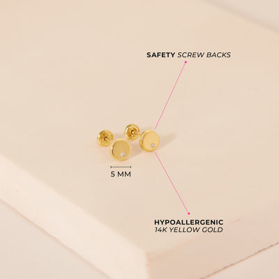 14k Gold Delicate CZ Clear Kids / Children's / Girls Earrings Safety Screw Back