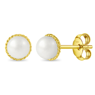14k Gold Braided Edge Freshwater Cultured Pearl Kids / Preteen / Teen Earrings